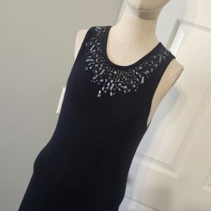 Embellished Navy Sleeveless Cashmere Dress